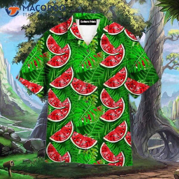 Green Hawaiian Shirts With Watermelon And Tropical Leaves