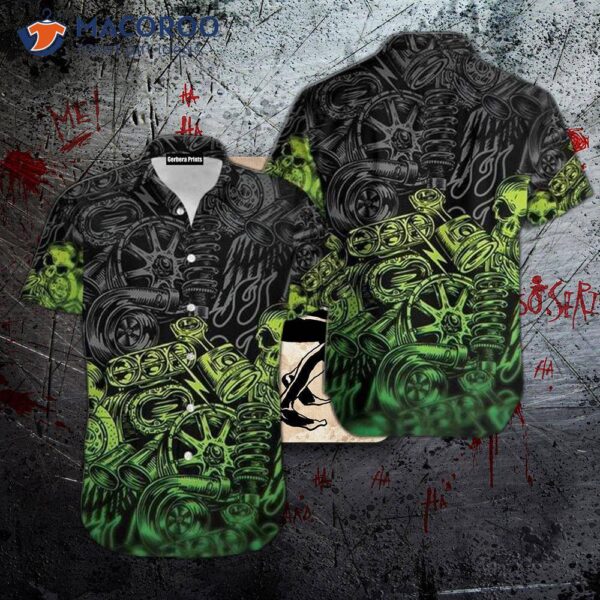 Green Motorcycle Skull Mechanic Hawaiian Shirts