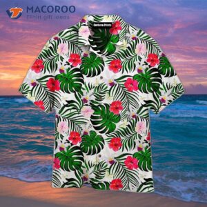 green palm leaf and hibiscus flower pattern hawaiian shirts 0