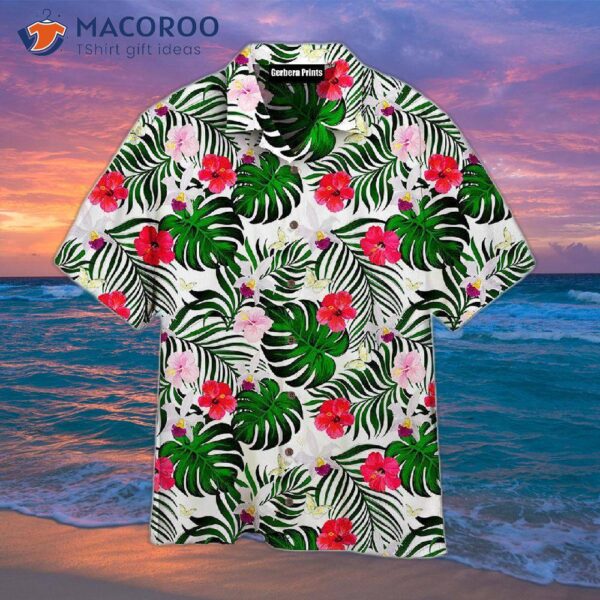 Green Palm Leaf And Hibiscus Flower Pattern Hawaiian Shirts