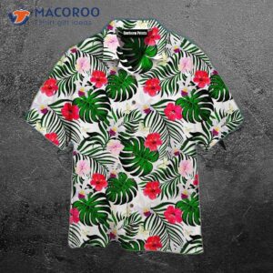 green palm leaf and hibiscus flower pattern hawaiian shirts 1
