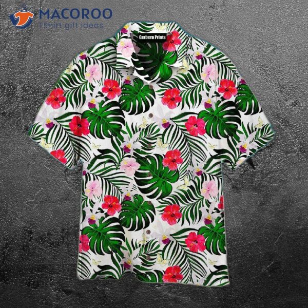 Green Palm Leaf And Hibiscus Flower Pattern Hawaiian Shirts