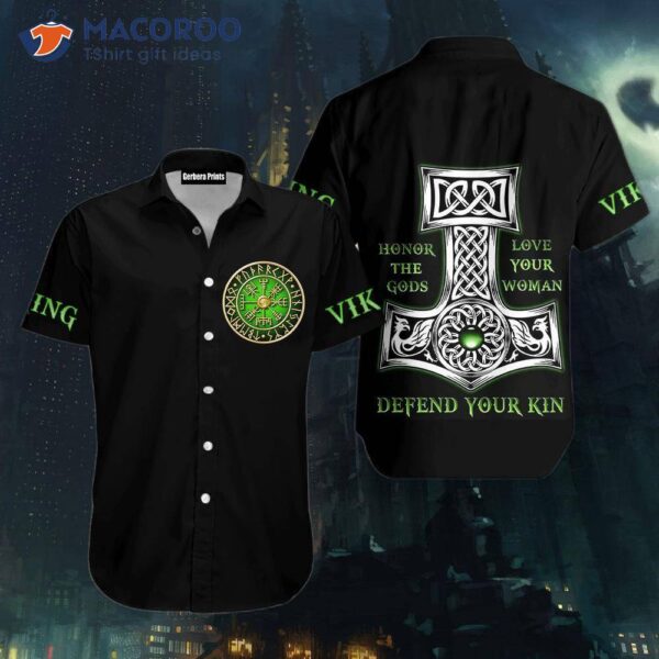 Green Viking Art Black Hawaiian Shirts