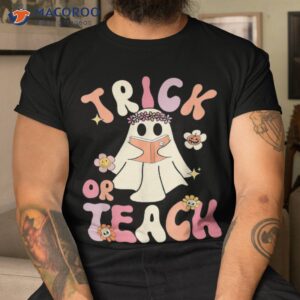 groovy halloween trick or teach retro floral ghost teacher shirt tshirt