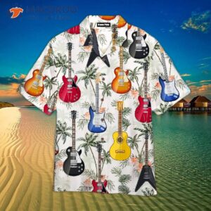 Guitar, Tropical, Vintage, Music Instrument, White Hawaiian Shirts