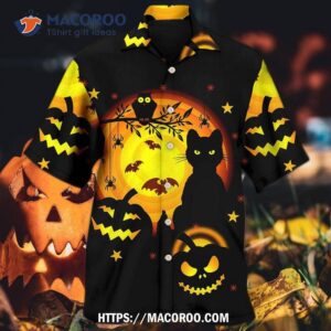 halloween awesome black cat and pumpkin hawaiian shirt 2
