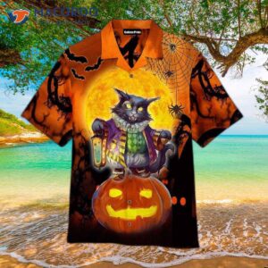 halloween black cat orange hawaiian shirts 1