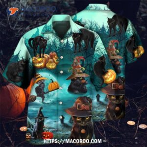 halloween black cat pumpkin scary hawaiian shirt 2