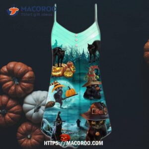 halloween black cat pumpkin scary style summer dress 3