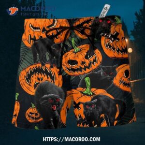 halloween black cat pumpkin scary tropical hawaii shorts 0