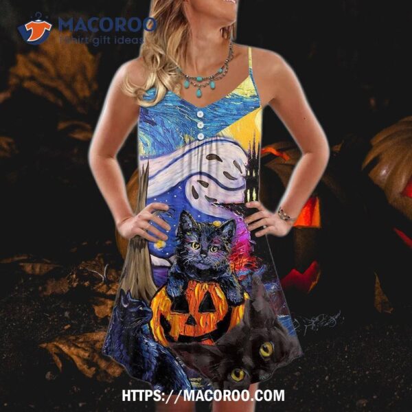 Halloween Black Cat Starry Night Funny Painting Art Style Summer Dress