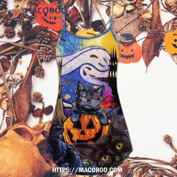 Halloween Black Cat Starry Night Funny Painting Art Style Summer Dress