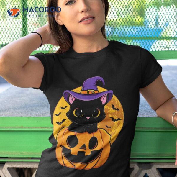 Halloween Black Cat Witch Hat Pumpkin For Kids Girls Shirt