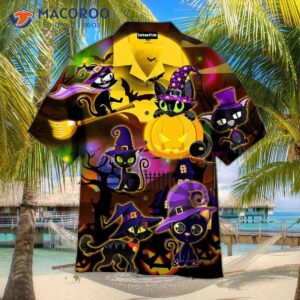 Halloween Black Cats, Witches, And Purple Lights Moons At Night, Hawaiian Shirts.