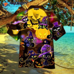 Halloween Black Cats, Witches, And Purple Lights Moons At Night, Hawaiian Shirts.