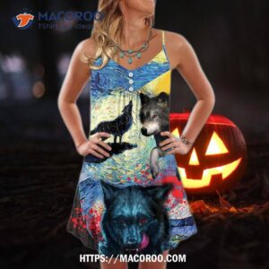 halloween black wolf crazy starry night blood art style summer dress 0