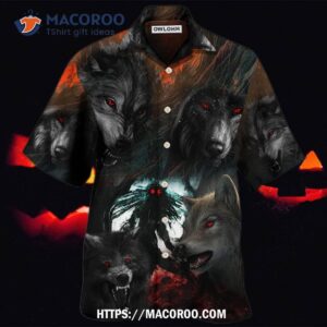 halloween black wolf in the dark hawaiian shirt 0