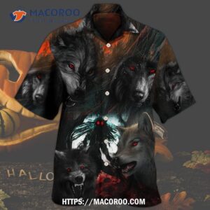 halloween black wolf in the dark hawaiian shirt 1