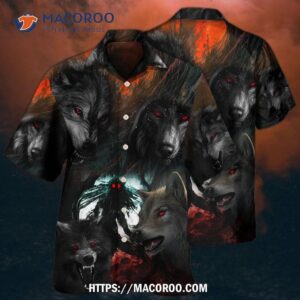 halloween black wolf in the dark hawaiian shirt 2