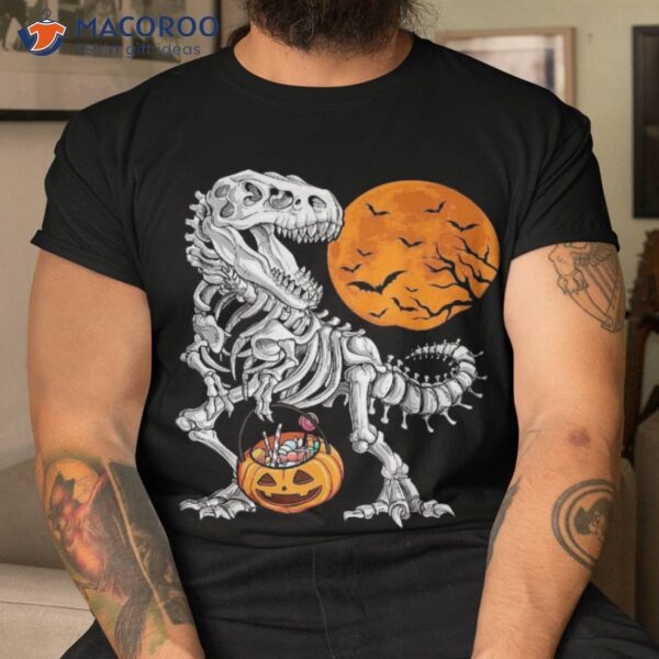 Halloween Boys Dinosaur Skeleton T Rex Scary Pumpkin Moon Shirt