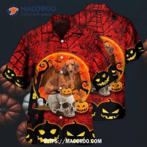 halloween dachshund pumpkin scary red hawaiian shirt 2