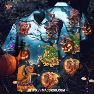 halloween dragon pumpkin scary sky night hawaiian shirt 2