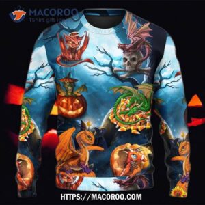 halloween dragon pumpkin scary sky night sweater 3