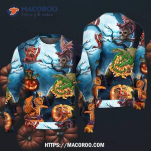 halloween dragon pumpkin scary sky night sweater 5