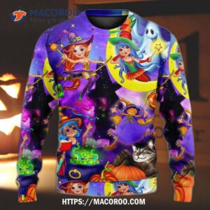 halloween funny witch ghost cute boo in the magic forest art ugly christmas sweaters 3