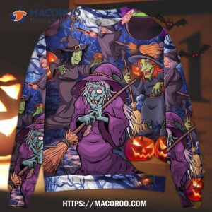 halloween funny witch pumpkin in the magic forest sweater ugly christmas sweaters 1