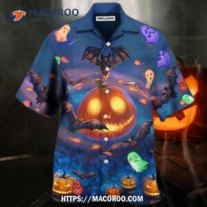 Halloween Glowing Pumpkins By Night With Bat Hawaiian Shirt