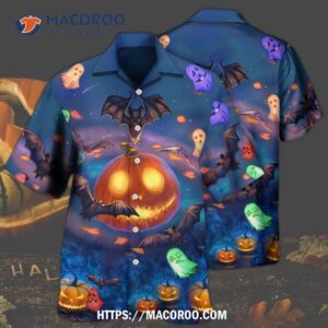 Halloween Glowing Pumpkins By Night With Bat Hawaiian Shirt