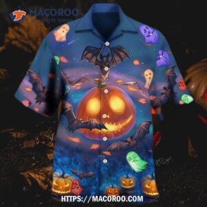 halloween glowing pumpkins by night with bat hawaiian shirt 2