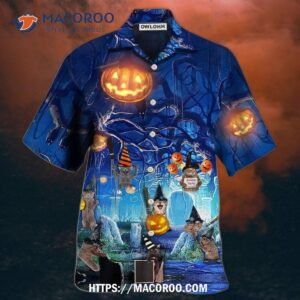Halloween Night Cat Blue Hawaiian Shirt