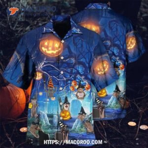 Halloween Night Cat Blue Hawaiian Shirt