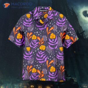 halloween pumpkin tropical pattern purple hawaiian shirts 1