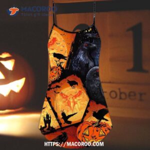 halloween raven pumpkin scary summer dress 4