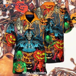 halloween scary skull pumpkin horror art hawaiian shirt 2