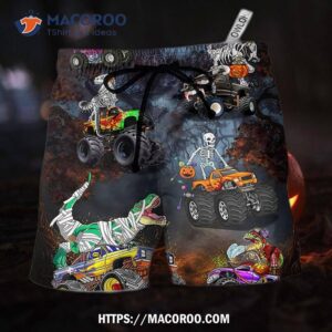 halloween skeleton dinosaur driving monster truck hawaii shorts 0