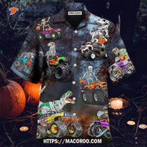 halloween skeleton dinosaur driving monster truck hawaiian shirt 0