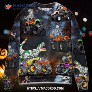 halloween skeleton dinosaur driving monster truck sweater ugly christmas sweaters 0