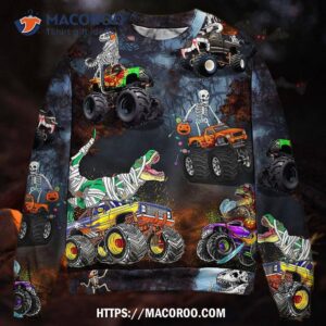 halloween skeleton dinosaur driving monster truck sweater ugly christmas sweaters 1
