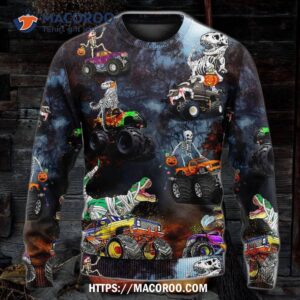 halloween skeleton dinosaur driving monster truck sweater ugly christmas sweaters 3