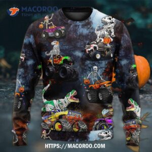 halloween skeleton dinosaur driving monster truck sweater ugly christmas sweaters 4