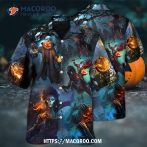 halloween skull pumpkin scary sky night hawaiian shirt 2