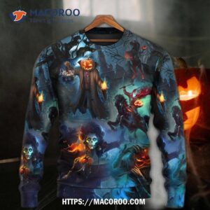 halloween skull pumpkin scary sky night sweater 4