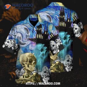 halloween skull smoke scream starry night funny boo art hawaiian shirt 2