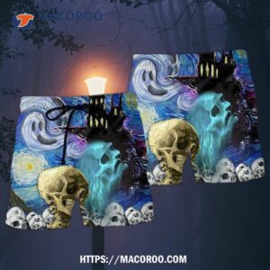halloween skull smoke scream starry night funny boo art style hawaii shorts 1