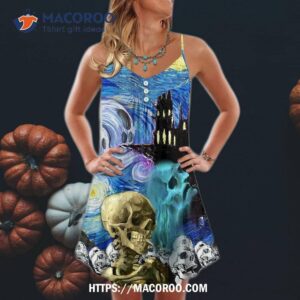 halloween skull smoke scream starry night funny boo art style summer dress 0