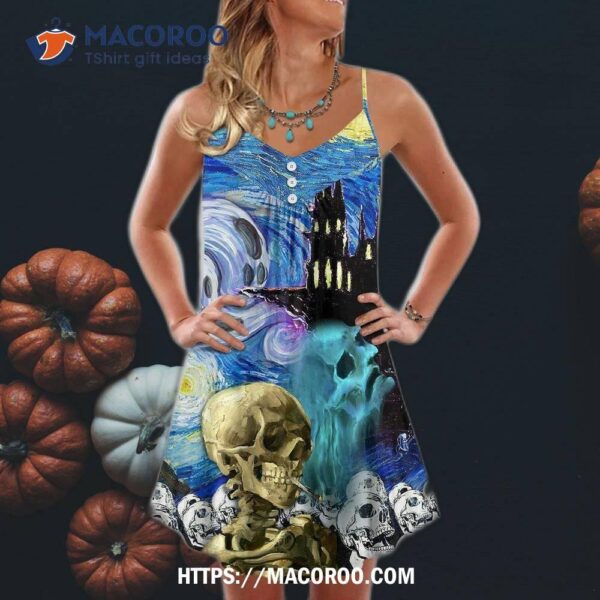 Halloween Skull Smoke Scream Starry Night Funny Boo Art Style Summer Dress